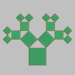 May include: A green geometric design made of squares and triangles. The design resembles a stylized tree with a trunk and branches.