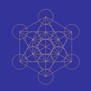 May include: A geometric design with overlapping circles and lines, creating a complex pattern. The design is in gold on a blue background.
