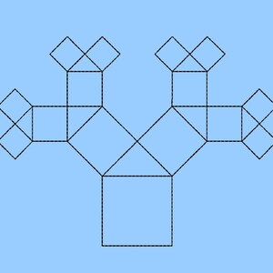May include: A geometric shape made of black lines on a light blue background. The shape is made up of multiple squares and triangles, forming a tree-like structure.