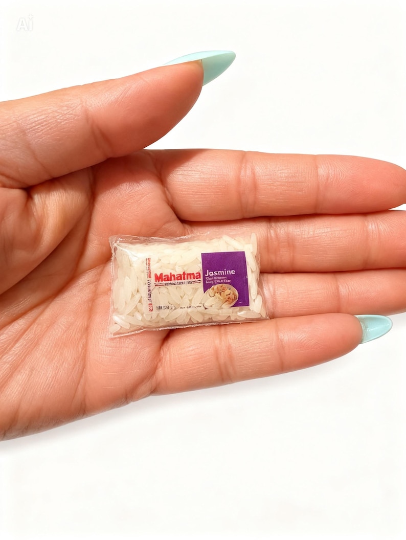 May include: A miniature, clear plastic bag filled with white jasmine rice grains. The bag features a small label with the red text Mahatma and purple text Jasmine, along with a small graphic of cooked rice, mimicking a standard food package.