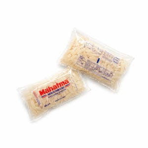 May include: Two clear plastic bags filled with Mahatma brand extra long enriched white rice. The front bag displays the red Mahatma logo, the text America's Favorite Rice, and a net weight of 32 ounces. The back bag shows nutritional information.