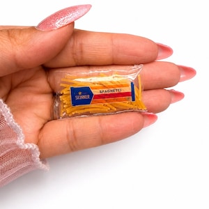 May include: A miniature clear plastic packet filled with small yellow pasta strands. The label on the front features a blue rectangle with a gold star and the text SKINNER, followed by a red and orange striped section with the word SPAGHETTI.