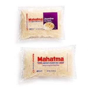 May include: Two clear plastic pouches of Mahatma brand rice. The top pouch contains Jasmine Thai Fragrant Long Grain Rice, net weight 1 oz (28 g). The bottom pouch contains Extra Long Enriched Rice, net weight 1 oz (28.3 g). Both feature red branding.