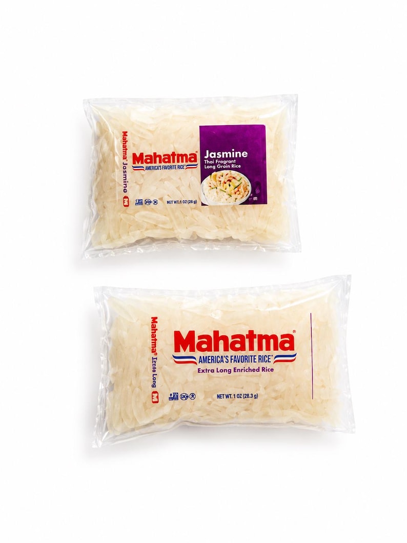 May include: Two clear plastic pouches of Mahatma brand rice. The top pouch contains Jasmine Thai Fragrant Long Grain Rice, net weight 1 oz (28 g). The bottom pouch contains Extra Long Enriched Rice, net weight 1 oz (28.3 g). Both feature red branding.