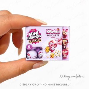 May include: A small rectangular Zuru Mini Brands Create Kawaii Bouquets box in light purple. The packaging features the text Mini Brands Create, Kawaii Bouquets, and 5 Surprise Minis Inside. It displays images of miniature floral arrangements.