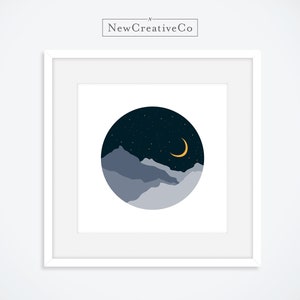 Digital Download, Moon, Mountains, Paper Cut Style, Night Sky, Boys Room, Nursery, Moon and Stars