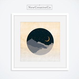 Digital Download, Moon, Mountains, Paper Cut Style, Night Sky, Boys Room, Nursery, Moon and Stars
