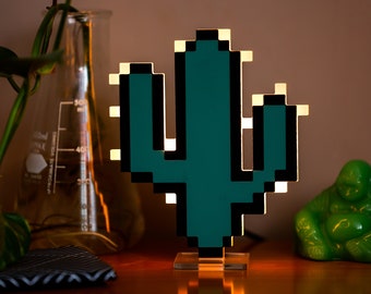 Cactus Lamp, Hand Painted Wooden Table Lamp, Decorative Table Lamp, Pixel Desk Lamp, Succulent Table Lamp, LED Lamp, Night Light Lamp