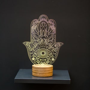 Table Lamp, Decorative Desk Lamp, Hamsa Lamp, Home Office Lamp, Housewarming Gift, Night Light, Wooden Base Lamp, Holiday Gift Ideas