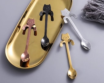 Stainless Steel mini cat hanging spoon in black and silver , unique and quirky gift, personalisation available