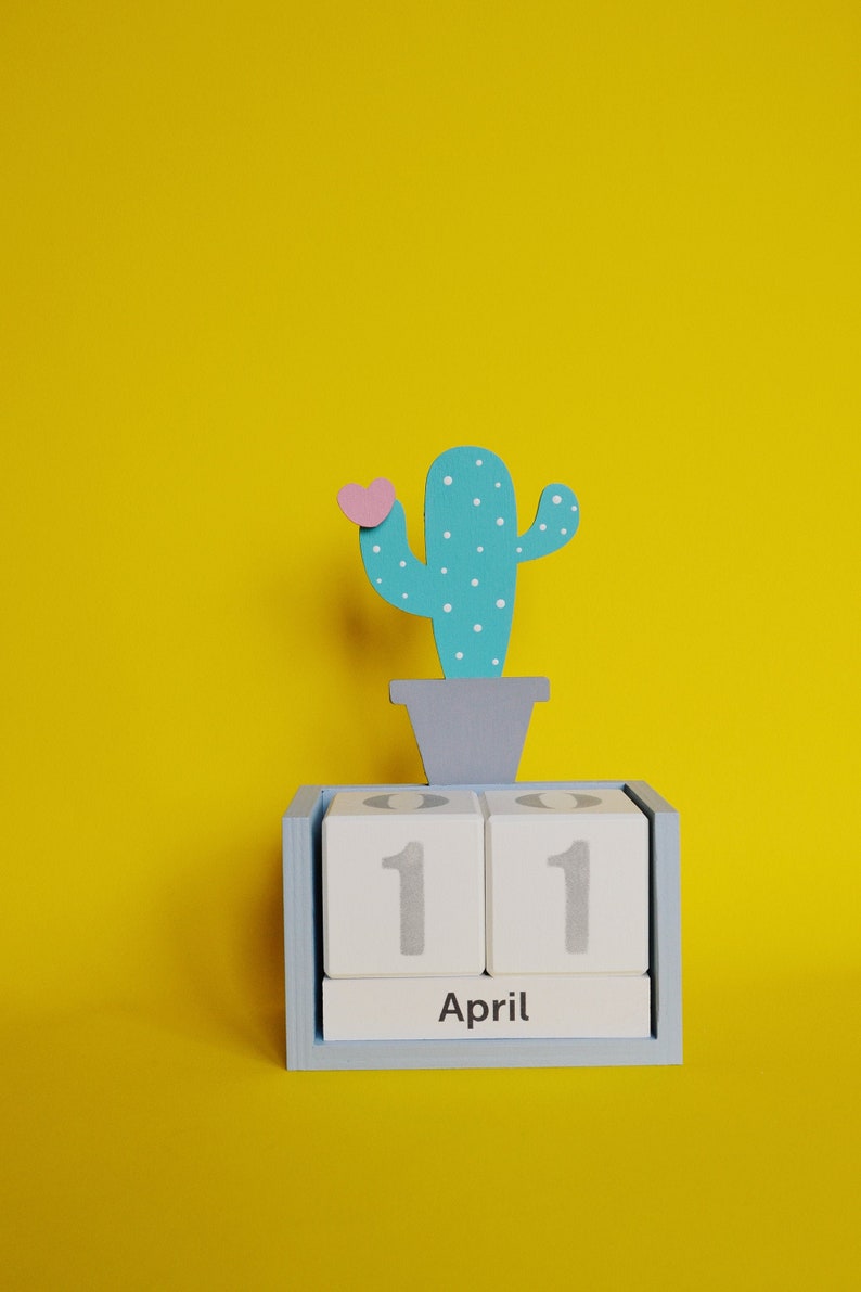 Perpetual Wooden Block Calendar Little Mint Cactus Cute Etsy