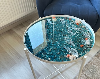 Epoxy Resin Coffee Table: Ocean Pebble Art, Coastal Decor