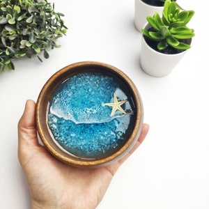 Personalized Resin Beach Jewelry Wooden Bowl- Hawaii themed Trinket Dish - Ocean Gift- Starfish Beach Jewelry Dish