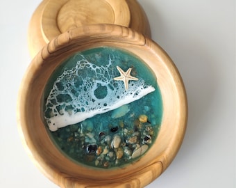 Handmade Olive Wood Resin Beach Theme Ring Dish Bestie Sister Custom Jewelry Dish Gifts for Girlfriend First Anniversary 1 year Anniversary