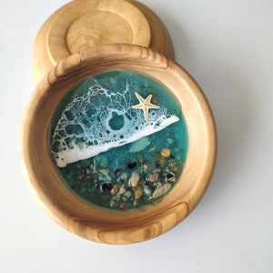 Handmade Olive Wood and Resin Beach Themed Ring Dish Jewellery Bowl Handmade Resin Art Housewarming Gift image 6