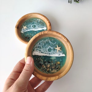 Handmade Olive Wood and Resin Beach Themed Ring Dish Jewellery Bowl Handmade Resin Art Housewarming Gift image 4