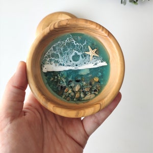 Handmade Olive Wood and Resin Beach Themed Ring Dish Jewellery Bowl Handmade Resin Art Housewarming Gift image 3