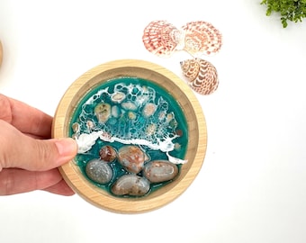 Personalized Ocean Resin Ring Dish: Handmade Wood Jewelry Holder