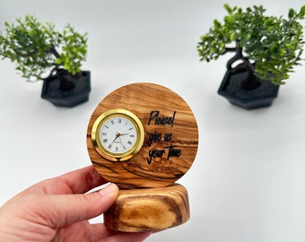 Personalized Bedside Clock - Artisanal Mini Olive Wood Clock, Handmade with Love, Great for Wedding Gift or Home Decor