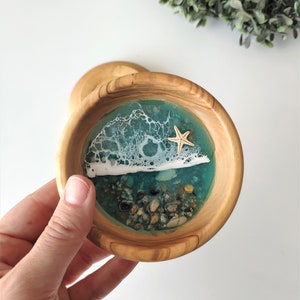 Handmade Olive Wood and Resin Beach Themed Ring Dish Jewellery Bowl Handmade Resin Art Housewarming Gift image 1