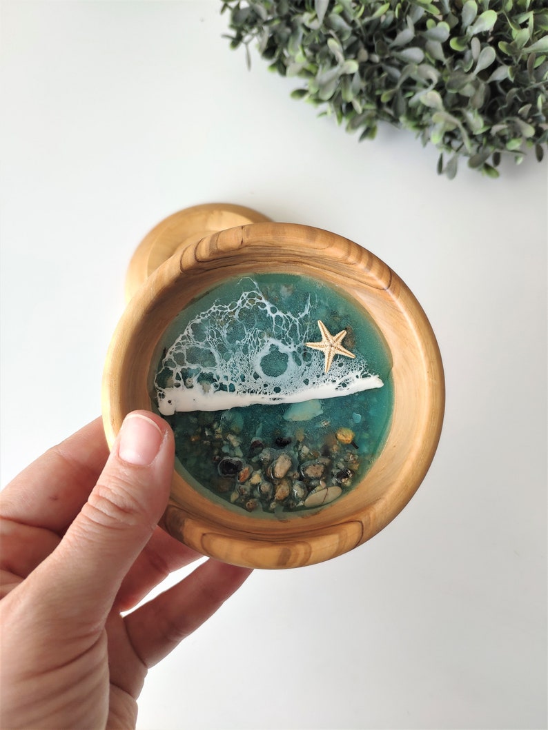 Handmade Olive Wood and Resin Beach Themed Ring Dish Jewellery Bowl Handmade Resin Art Housewarming Gift image 1