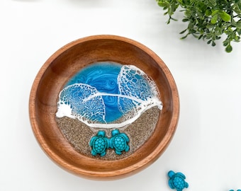 Handmade Wooden Ring Bowl: Turquoise Turtle Ocean Resin Art