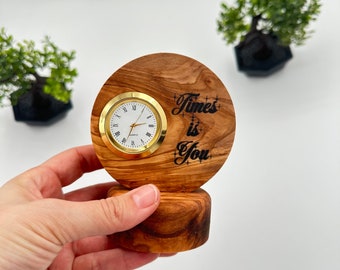 Bedside Clock - Customizable Miniature Timepiece, Handcrafted Olive Wood, Perfect for Nightstand Decor & Housewarming Gift