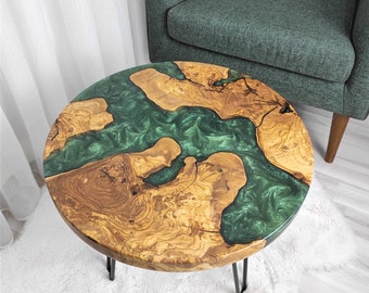 Resin Coffee Side Table Custom Made Epoxy River Coffee Table Luxury Handmade Coffee Table Decor Emerald Green Table Top Side Table