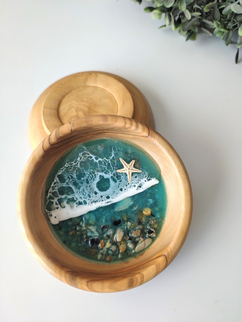 Handmade Olive Wood and Resin Beach Themed Ring Dish Jewellery Bowl Handmade Resin Art Housewarming Gift image 6