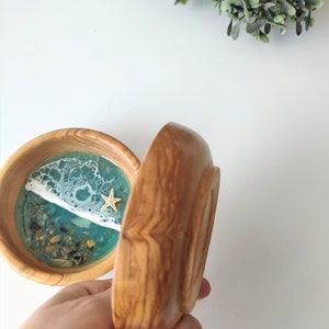 Handmade Olive Wood and Resin Beach Themed Ring Dish Jewellery Bowl Handmade Resin Art Housewarming Gift image 8