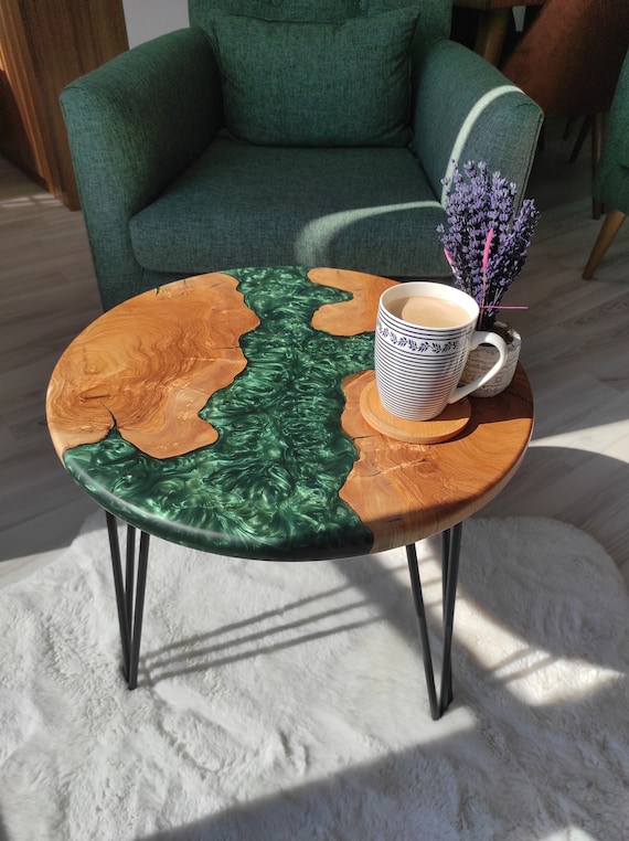Round Green Epoxy Table, Natural Wood Furniture ,Handcrafted Wooden Coffee  Table