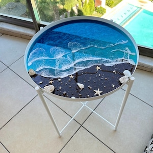 Handmade Ocean Resin Side Table: Beach Wave Tray, Hawaiian Decor