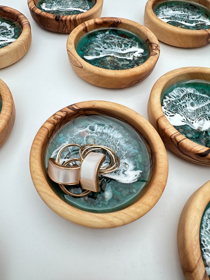 Olive Wood and Resin Jewelry Dish Ocean Theme Gift Handmade Ring Holder