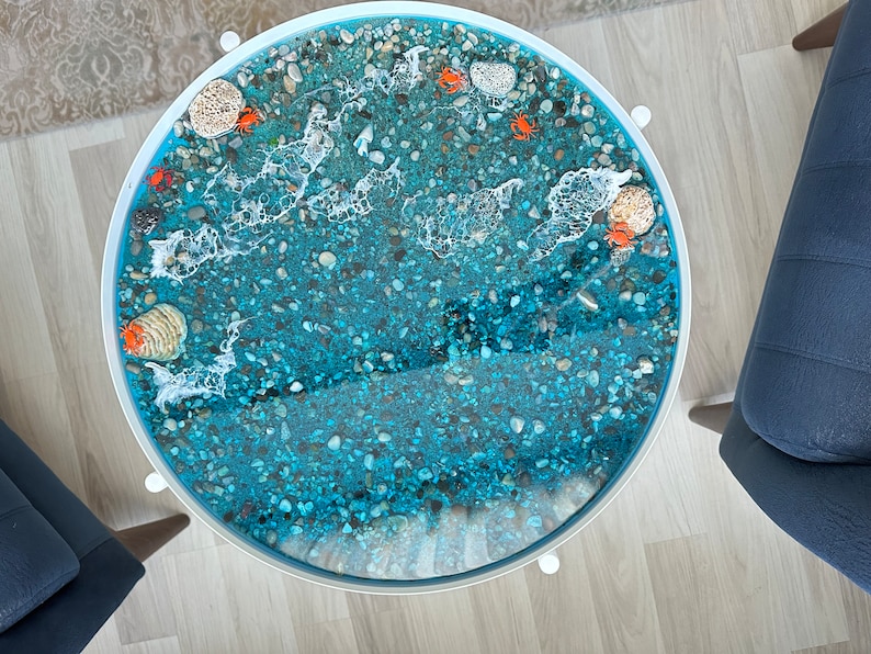 Epoxy Resin Coffee Table Ocean Themed Round Side Table Handmade