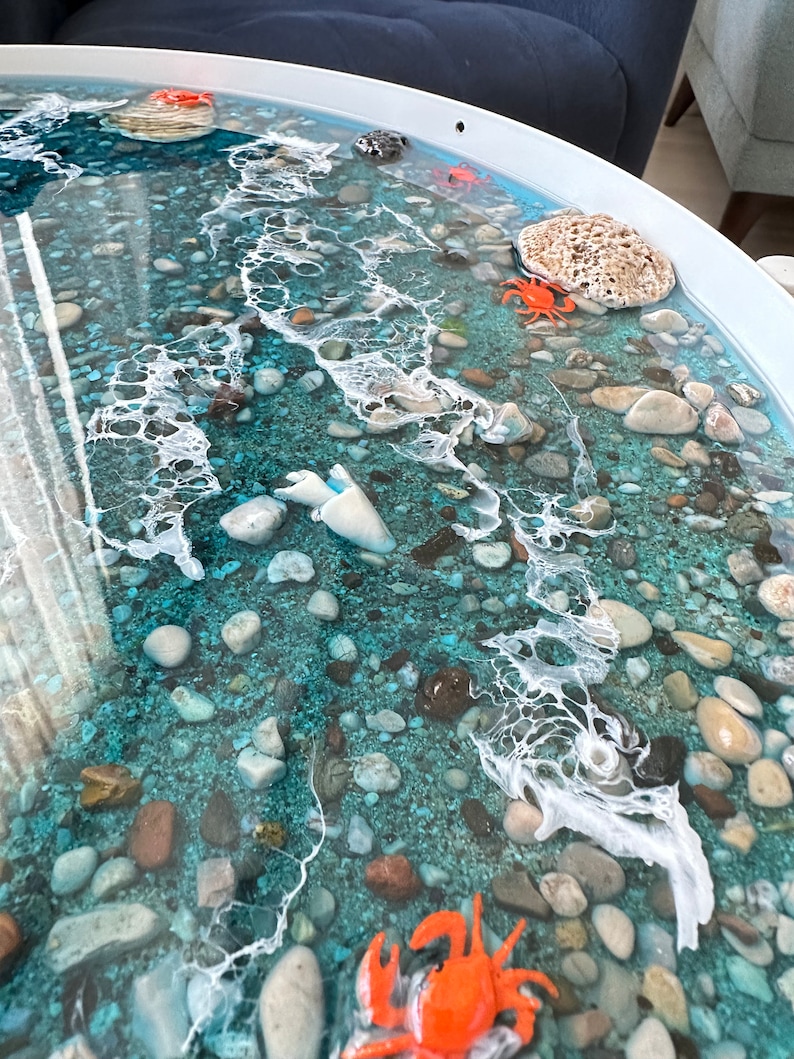 Epoxy Resin Coffee Table Ocean Themed Round Side Table Handmade