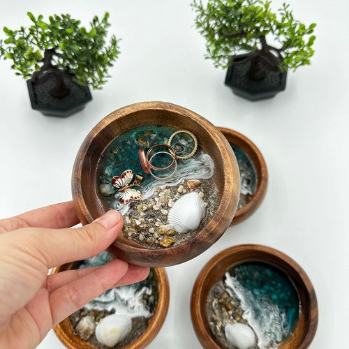 Porte-bagues en résine océan : porte-bijoux en bois personnalisé, cadeau de Saint-Valentin