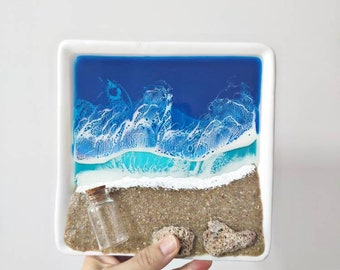 Epoxy Resin Waves Ring Holder Trinket Ceramic Jewelry Dish with Real Sand Beach Decor Gift Idea One of A Kind Ocean Living- Ocean Beach Art
