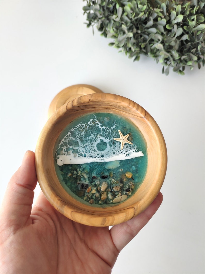 Handmade Olive Wood and Resin Beach Themed Ring Dish Jewellery Bowl Handmade Resin Art Housewarming Gift image 3