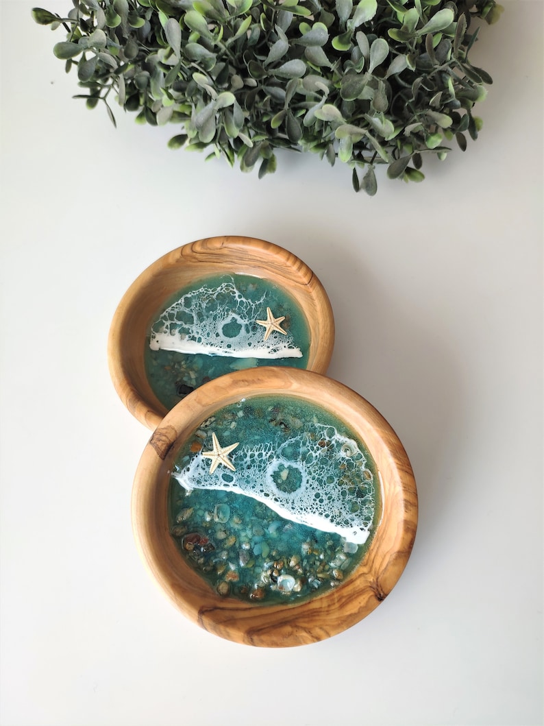 Handmade Olive Wood and Resin Beach Themed Ring Dish Jewellery Bowl Handmade Resin Art Housewarming Gift image 10