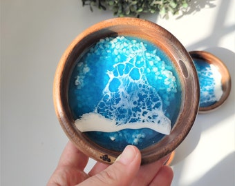 Resin Ring Dish Engagement- Jewelry Dish- Beach Ring Bowl- Wedding Present for Couple-Handcrafted Wooden Beach Trinket Dish