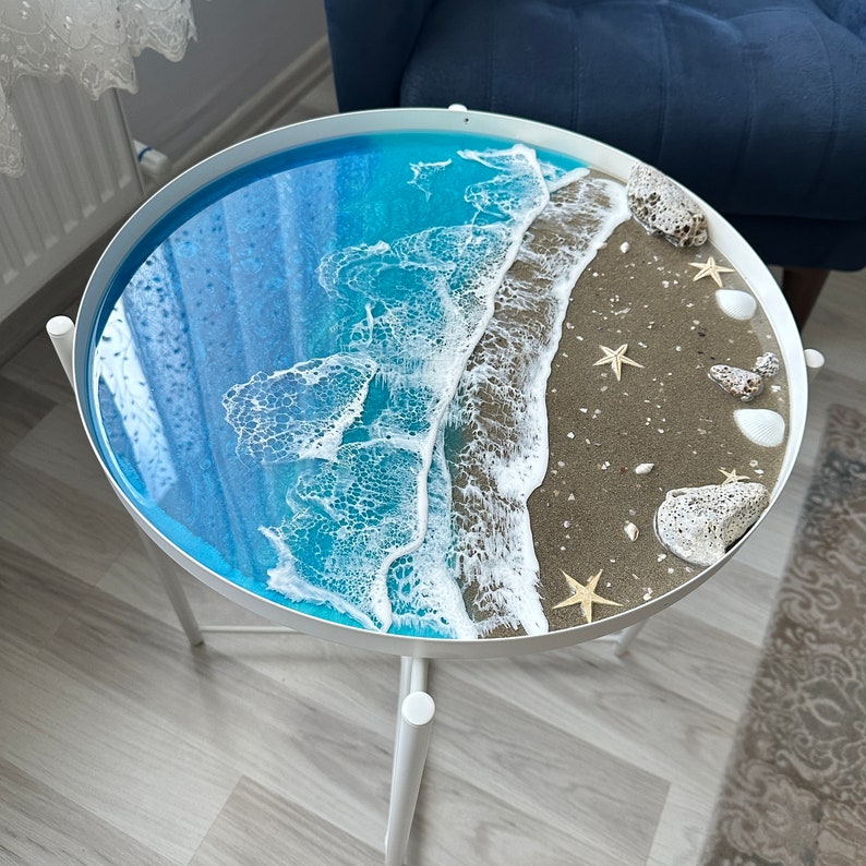 Epoxy Resin Coffee Table: Handmade Beach Ocean Theme, Round Side Table ...