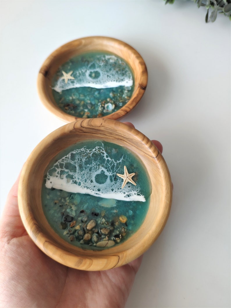 Handmade Olive Wood and Resin Beach Themed Ring Dish Jewellery Bowl Handmade Resin Art Housewarming Gift image 7