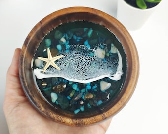 Personalized Ocean Resin Ring Dish: Acacia Wood Starfish Jewelry Bowl