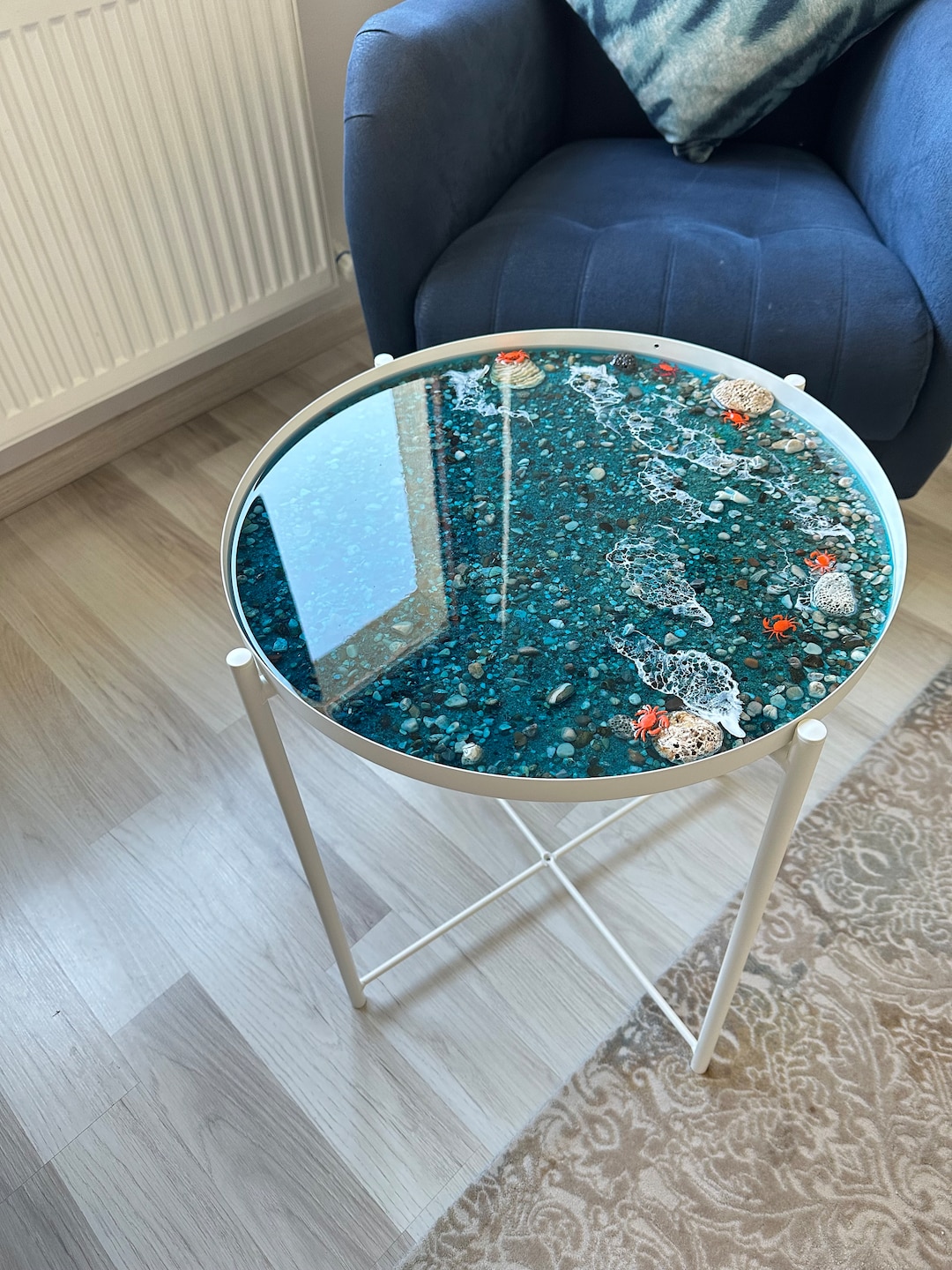 Pebble Epoxy Coffee Table/ Hawaii Beach Ocean Round Side Table/ Furniture and Decor/ Beach Wave