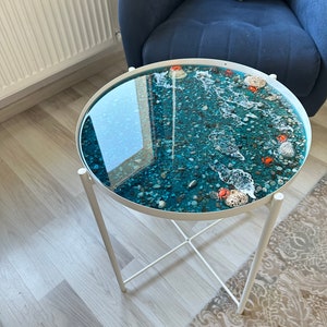Epoxy Resin Coffee Table Ocean Themed Side Table Handmade Gifts for Friend Beach Wave Metal Unique Coffee Table Best Friend Birthday Gift