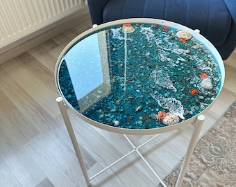 Pebble Epoxy Coffee Table/ Hawaii Beach Ocean Round Side Table/ Furniture and Decor/ Beach Wave Metal Unique Table/ Housewarming Gift