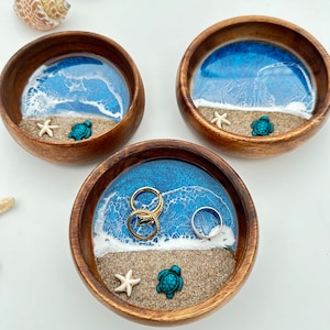 Personalisierte handgemachte Harz Strand Themed Holz Ring Schale Geschenk für Her-Sea Glass Art-Schmuckschale 5th Anniveersary Geschenk-Hawaii Hochzeit
