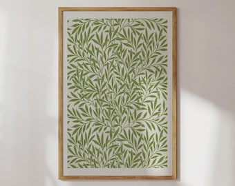 May include: A framed print of a green and white botanical pattern. The pattern features repeating leaves and branches.