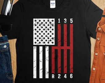 Distressed American Flag Manual Shift Pattern Graphic T-Shirt, Patriotic Car Enthusiast Top, USA Flag Patriotic Tshirt For Race Car Lover
