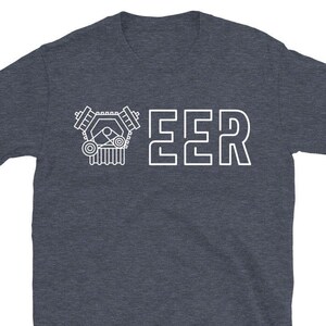 May include: A dark blue t-shirt with a white outline of an engine and the word "EER" printed on the front.